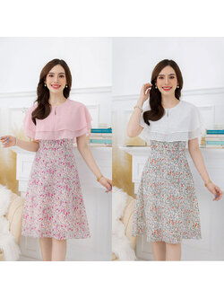 kudapy เดรสสั้นสีชมพู/สีครีม ชีฟอง ระบายสองชั้น สวยพริ้ว ตัวเดรสเป็นชีฟองลายดอกสวย ตัดกับชีฟองสีพื้น