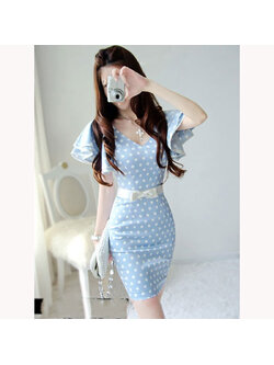 kudapy เดรสสั้นสีฟ้า-ขาว แซก ลายจุด Polka dot แขนย้วย ผ้ามันนิดๆ