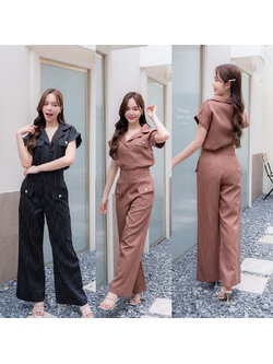 kudapy เซ็ทเสื้อคอปก+กางเกงขายาวสีดำ/สีน้ำตาล ใส่สบายสวยดูดี