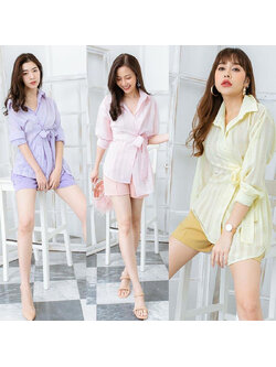 kudapy ชุดเซทสีชมพู,เหลือง เสื้อ+กางเกง เสื้อคอปกผุกเอวดีเทลน่ารัก ผ้ามีเทคเจอร์ในตัว โทนสีสวยมากๆ