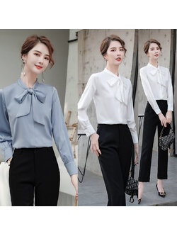 kudapy เสื้อเชิ้ตทำงานผู้หญิงสีเทา/สีขาว คอกลมแต่งโบว์แขนยาว (เฉพาะเสื้อ)