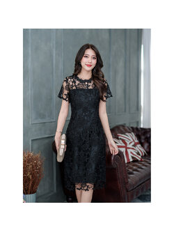 kudapy เดรสสั้นสีดำ ลูกไม้เงา ทอลาย ลูกไม้เนื้อดี มีซับในทั้งชุด ซิปหลัง