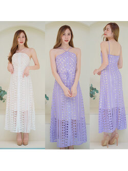 kudapy เดรสยาวสีขาว/สีม่วง สายเดี่ยวมีกระดุมตรงกลาง