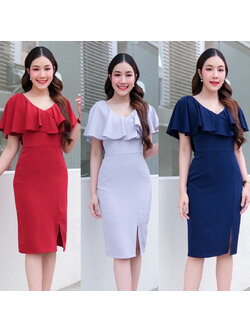 kudapy เดรสสั้นสีแดง/สีเทาอ่อน/สีกรมท่า คอวี คอระบายทรงสุภาพ ใส่ได้หลายโอกาส เนื้อผ้า Korean Crepe พริ้วลื่น เย็น ใส่สบาย