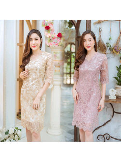 kudapy เดรสสั้นผ้าลูกไม้คอวีมแขนสามส่วน สีชมพู/สีครีมทอง ใส่ออกงานผ้าลูกไม้ปักเลื่อม ซับในซาตินทรงเอเข้ารูป