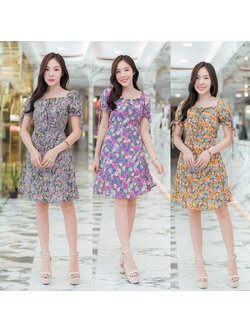 kudapy เดรสสั้นสีฟ้า/สีม่วง/สีเหลือง ลายดอกไหล่สม็อค ผ้าใส่สบายสวยดูดีน่ารักๆ