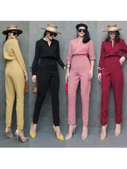 kudapy ชุดจั้มพ์สูทขายาวสีแดง/สีชมพู จั้มคอวี ทรงเรียบเก๋ ทรงดี