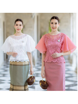 kudapy (เฉพาะเสื้อ) เสื้อลูกไม้คอกลมแขนระบายสีขาว/สีชมพู แขนแต่งระบายผ้าชีฟองทรงบาน มีซับใน ซิบหลัง