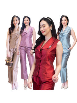 kudapy ชุดเซต เสื้อแขนกุด+กางเกง ผ้าไหมใส่ออกงาน สีแดง,สีชมพู,สีเทา,สีน้ำตาล