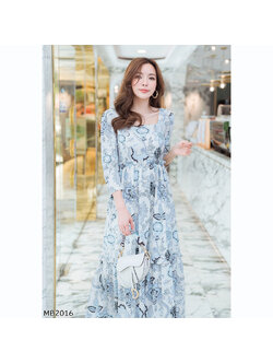 kudapy เดรสยาวสีขาว คอเหลี่ยมกระโปรงชีฟองลายดอกสวยผ้าใส่สบายตัว