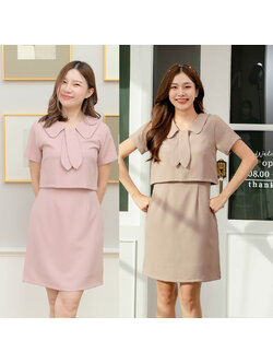 kudapy เดรสแขนสั้น คอปกแต่งหูกระต่าย แพทเทิร์นเหมือนใส่แยกชิ้น ช่วงกระโปรงทรงเอจับเกล็ดเข้าเอว