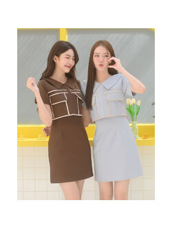 kudapy เดรสแขนสั้นคอปก กิมมิคแต่งกุ๊นสีด้านหน้า แต่งกุ๊นขอบฝากระเป๋า เว้นสาบกลาง มีกระเป๋าอกใส่ของได้จริง