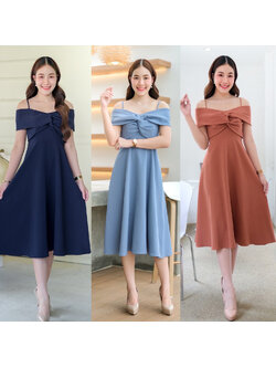 kudapy เดรสสั้นสีกรม/สีฟ้าครามสีชาไทย ผ้าเครปเกาหลีเปิดบ่า ดีเทล อกปมไขว้พรางต้นแขนใส่เปิดบ่า หรือใส่เป็นสายเดี่ยวก็น่ารัก