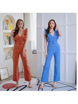 kudapy จั้มสูทขายาวสีฟ้า/สีน้ำตาล ระบายอก แต่งเข๊มขัดสวยดูดี ใส่สบาย