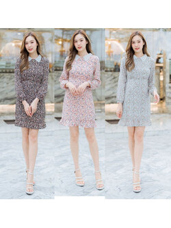 kudapy เดรสสั้นแขนยาวชีฟองสีชมพู/สีฟ้า/สีดำ คอปกลูกไม้แขนยาว