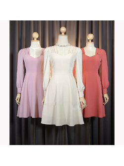 kudapy เดรสสั้นสีกรมท่า/ครีมเบจ/ชมพูเข้ม/ชมพูอ่อน แขนยาวสไตล์เกาหลี กระโปรงบาน พรางสะโพก ซิปข้างยาว ใส่ง่าย