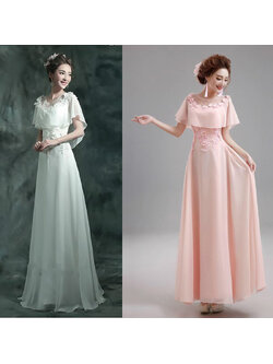 kudapy ชุดราตรียาวสีชมพู/สีขาว ชุดราตรีปิดไหล่ผ้าชีฟอง แต่งดอกและลูกปัดสวยตามแบบ