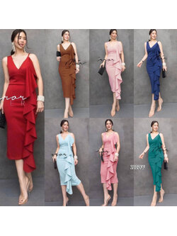 kudapy เดรสสายเดี่ยวสีน้ำตาลเข้ม/สีเขียว/สีฟ้า/สีน้ำตาล ผ้าซาร่าเงา แต่งระบายย้วยลงมาเพิ่มความโดดเด่นให้กับชุด