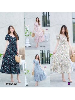 kudapy เดรสยาวสี กรม ขาว ชมพู ฟ้า แขนบอลลูนพิมลายดอกไม้ กระโปรงระบาย 2 ชั้น