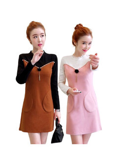 kudapy เดรสสั้รคอกลมสีน้ำตาล/สีชมพู แขนยาว แต่งลุกปักสวยๆตามแบบ มีกระเป๋าข้างใส่เหรัยญได้น้าา