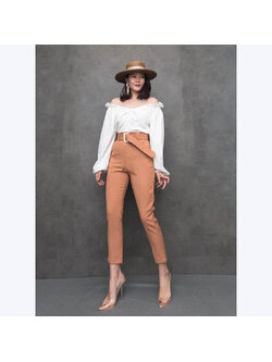 kudapy กางเกงขายาวสีส้มชาเย็นทรงสวยเอวสูง ขาเดฟ