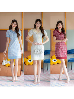 kudapy เดรสสั้นสีครีม/สีฟ้า/สีแดง ลูกไม้กะลาสีผูกโบว์