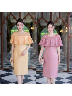 kudapy เดรสสั้นสีเหลืองทอง/สีชมพุกะปิ ผ้าไหมสไตล์คลุมไหล่ เดรสเป็นผ้าไหมญี่ปุ่นทรงเอวต่อผ้าไหมอัดกาวให้ทั้งชุด