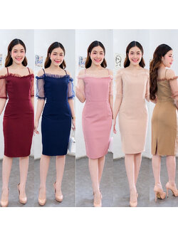 kudapy เดรสสั้นสีครีมนู๊ด กรม แดง ชมพู น้ำตาล สายเดี่ยวเปิดบ่า แต่งจีบตาข่าย แขนสามส่วนพรางๆ ซิบหลัง ใส่ง่าย น่ารักสุด