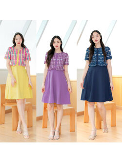 kudapy เดรสสั้นสีกรม/สีม่วง/สีเหลือง กระโปรงสีพื้นแต่งเสื้อลายไทย