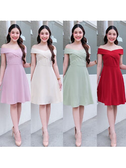 kudapy เดรสสั้นสีชมพูอ่อน/สีชมพูเข้ม/สีมิ้น/สีแดงเข้ม เปิดบ่า อกไขว้ กระโปรงทรงเอก็มาจ้า สวยหวานมาก ซิปหลังยาว