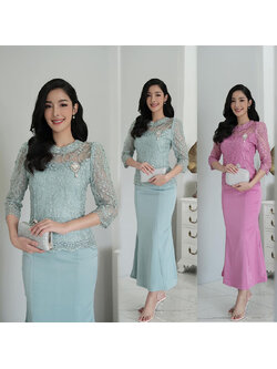 kudapy set เสื้อลูกไม้สีเขียวมินท์/สีชมพูกลีบบัว ผ้าลูกไม้ใยบวบ+กระหางปลางานผ้าวาเลนติดโน่