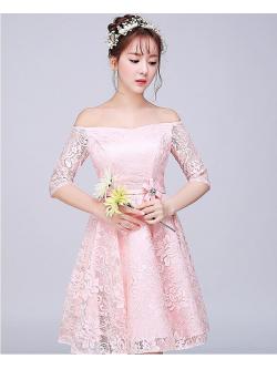 kudapy เดรสออกงาน เดรสผ้าลูกไม้เนื้อดีสีชมพูโอรส เปิดไหล่ แขนยาวสามส่วน