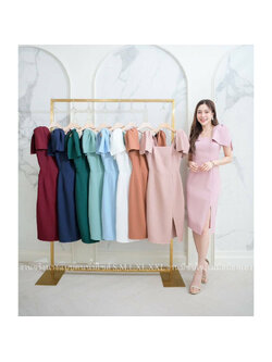 kudapy เดรสสั้นสายเสื้อแต่งโบว์ ผ้ามอสเครป แขนสั้น คอลึก ใส่ออกงาน ใส่ทำงาน สวยดูดี