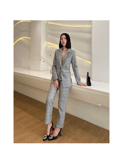 kudapy เซ็ทเสื้อ Blazer +กางเกงขายาว เสื้อสูทลายสก๊อตแถบฟ้า แต่งกระดุม