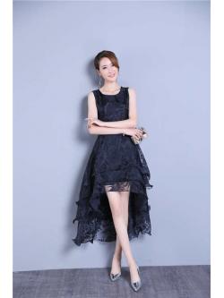 kudapy เดรสหน้าสั้นหลังยาว แขนกุดสีดำ ตัวเดรสกลายดอกไม้ทัั้งชุด กระโปรงorganza