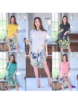 kudapy เดรสเชิ้ตคอจีนแขนยาว กระดุมหน้ายาว มีกระเป๋าล้วงข้าง เนื้อผ้าไหมเกาหลีพิมพ์ลายดอกไม้