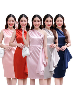 kudapy เดรสสั้นไหล่เฉียงข้าง เดรสไหล่เดี่ยว แต่งเลเยอร์ สีชมพูกลีบบัว,สีกรมท่า,สีเทา,ส้มอิฐ,สีชมพูโอรส เดรสผ้าดัชเชสอัดกาวบ่าเดี่ยวจีบสะโพก