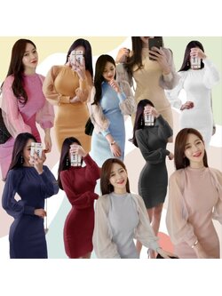 kudapy เดรสสั้น แขนแต่งซีทรูตาข่าย ตัวเดรสสีพื้นตัดเย็บด้วยผ้าซาร่า งานน่ารัก