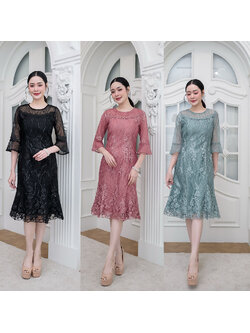 kudapy เดรสสั้นสีเขียว/สีชมพูกะปิ/สีดำ ลูกไม้ทั้งชุด งานปักดอกไม้ประดับเลื่อมโทนสีเดียวกับชุด ลายแถวไม้เลื้อยปักสลับงานสวยดูดี