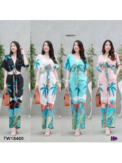 kudapy Set 2 ชิ้น เสื้อผูกโบว์อก พิมพ์ลาย + กางเกงขายาว พิมพ์ลายทะเล