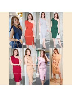 kudapy เดรสสั้นไหล่เฉียงข้าง กระโปรงสั้น ไหล่แต่งโบว์ ผ้ามอสเครปหนา