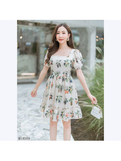kudapy เดรสสั้นสีครีม ชายระบายกิ่งผลไม้ดูดีสวยใส่สบาย