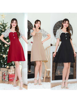 kudapy เดรสสั้นสีดำ/สีน้ำตาล/สีแดง ทรงบานสีพื้นแต่งช่วงไหล่และแขนลายหัวใจ