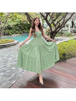 kudapy เดรสยาว สายเดี่ยว กระโปรงยาวบานละมุนละไม ตัวกระโปรงระบายต่อกันเป็นชั้นๆ