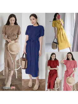 kudapy เดรสยาวสีเหลือง/สีแดง/สีกรม/สีชมพู คอกลมแขนพองๆ พร้อมสายผูกโบว์ที่เอว เข้ารูปได้ตามเชฟเลย ตีเกล็ดหน้า-หลัง มีซิปซ่อนหลังยาว
