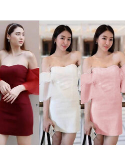 kudapy เดรสสั้นสีขาว แดง โอรส ผ้าซาร่า มีซิปหลัง แขนมุ้งฟรุ้งฟริ้ง แพทเทิร์นทรงเป๊ะ