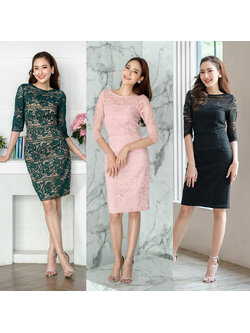 kudapy เดรสสั้นสีเขียว/สีชมพู/สีดำ ผ้าลูกไม้ลายดอกไม้สลับลายขวาง คอปาด แขนสี่ส่วน กระโปรงเข้ารูปทรงสอบ สวยแพงคลาสสิคสุดๆ