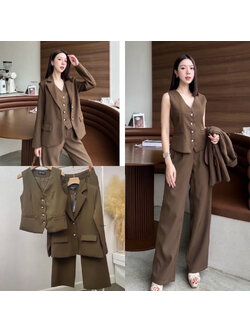 kudapy Setsuit 3 ชิ้น เสื้อกั้กกระดุมหน้า พร้อมกับเสื้อสูททรงโอเวอร์ไซส์กระเป๋าจริง กางเกงทรงปล่อยตรง ซิปตะขอหน้าไม่สม้อค