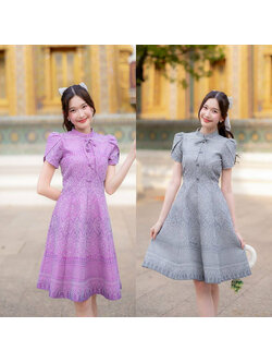 kudapy เดรสสั้นสีม่วง/สีเทา/สีเหลือง เดรสไทยทรงบานแขนกลีบบัว