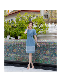 kudapy เดรสสั้นสีฟ้า ผ้าไทยวันแม่เข้ารูป ใส่ออกงาน ใส่ทำงานสวยดูดี